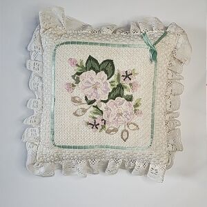Vintage Floral Hand Embroidered Lace Accent Pillow 12x12